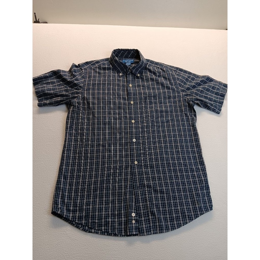 Puritan Mens M 38-40 Navy Blue Plaid Short Sleeve Button Down Shirt Cotton Blend